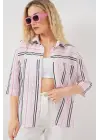 Çizgili Kısa Kol Gömlek 20344 - Pembe