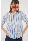 Çizgili Kısa Kol Gömlek 20345 - Mavi