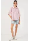 Çizgili Kısa Kol Gömlek 20345 - Pudra