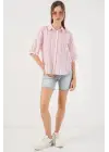 Çizgili Kısa Kol Gömlek 20345 - Pudra