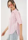 Çizgili Kısa Kol Gömlek 20345 - Pudra