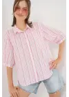 Çizgili Kısa Kol Gömlek 20345 - Pudra