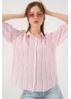 Çizgili Kısa Kol Gömlek 20345 - Pudra