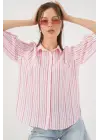 Çizgili Kısa Kol Gömlek 20345 - Pudra