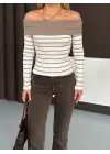 Çizgili madonna yaka kaşkorse bluz bej a844