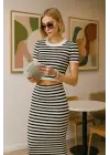 Çizgili Midi Dokulu Etek
