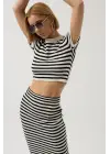 Çizgili Midi Dokulu Etek