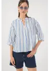 Çizgili Oversize Bluz 967 - Mavi