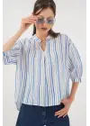 Çizgili Oversize Bluz 967 - Mavi