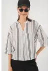 Çizgili Oversize Bluz 967 - Taş
