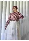 Omarı Çizgili Oversize Düğmeli Bordo Gömlek