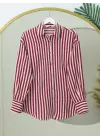 Omarı Çizgili Oversize Düğmeli Bordo Gömlek