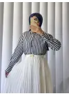 Omarı Çizgili Oversize Düğmeli Gömlek