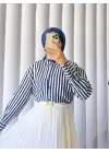 Omarı Çizgili Oversize Düğmeli Gömlek