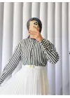Omarı Trendy Oversize Çizgili Düğmeli Siyah Gömlek