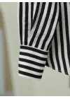 Omarı Trendy Oversize Çizgili Düğmeli Siyah Gömlek