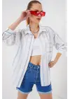 Çizgili Oversize Gömlek 20278 - Beyaz