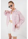 Çizgili Oversize Gömlek 20278 - Kırmızı