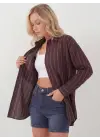 Çizgili Oversize Gömlek 20293 - Kahverengi