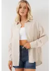 Çizgili Oversize Gömlek 20293 - Krem