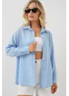 Çizgili Oversize Gömlek 20293 - Mavi