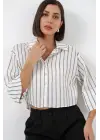 Çizgili Oversize Kısa Gömlek 20326 - B.Beyaz