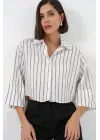 Çizgili Oversize Kısa Gömlek 20326 - B.Beyaz