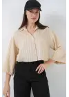 Çizgili Oversize Kısa Gömlek 20326 - Bej