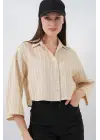 Çizgili Oversize Kısa Gömlek 20326 - Bej