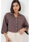 Çizgili Oversize Kısa Gömlek 20326 - Kahverengi