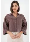 Çizgili Oversize Kısa Gömlek 20326 - Kahverengi