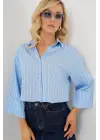 Çizgili Oversize Kısa Gömlek 20326 - Mavi