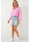 Çizgili Oversize Kısa Gömlek 20326 - Pembe