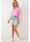 Çizgili Oversize Kısa Gömlek 20326 - Pembe