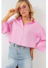 Çizgili Oversize Kısa Gömlek 20326 - Pembe