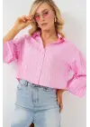 Çizgili Oversize Kısa Gömlek 20326 - Pembe