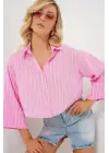 Çizgili Oversize Kısa Gömlek 20326 - Pembe