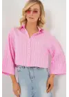 Çizgili Oversize Kısa Gömlek 20326 - Pembe