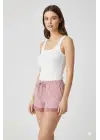 Çizgili Penye Kadın Ev Şortu Bacak Dantel Detaylı Ev Giyim Fuşya