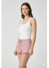 Çizgili Penye Kadın Ev Şortu Bacak Dantel Detaylı Ev Giyim Fuşya