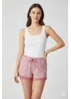 Çizgili Penye Kadın Ev Şortu Bacak Dantel Detaylı Ev Giyim Fuşya