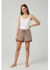 Çizgili Penye Kadın Ev Şortu Bacak Dantel Detaylı Ev Giyim Kahverengi