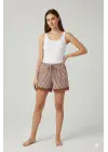 Çizgili Penye Kadın Ev Şortu Bacak Dantel Detaylı Ev Giyim Kahverengi
