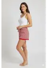Çizgili Penye Kadın Ev Şortu Bacak Dantel Detaylı Ev Giyim Kırmızı
