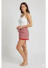 Çizgili Penye Kadın Ev Şortu Bacak Dantel Detaylı Ev Giyim Kırmızı