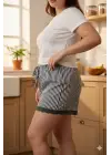 Çizgili Penye Kadın Ev Şortu Bacak Dantel Detaylı Ev Giyim Siyah