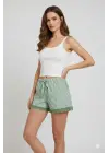 Çizgili Penye Kadın Ev Şortu Bacak Dantel Detaylı Ev Giyim Yeşil