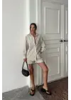 Omarı Çizgili Poplin Gömlek ve Şort Takımı - Bej