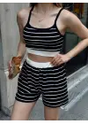 Çizgili şortlu takım siyah s3978