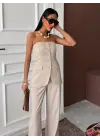 Omarı Çizgili Straplez Takım Pantolon - Şık ve Rahat